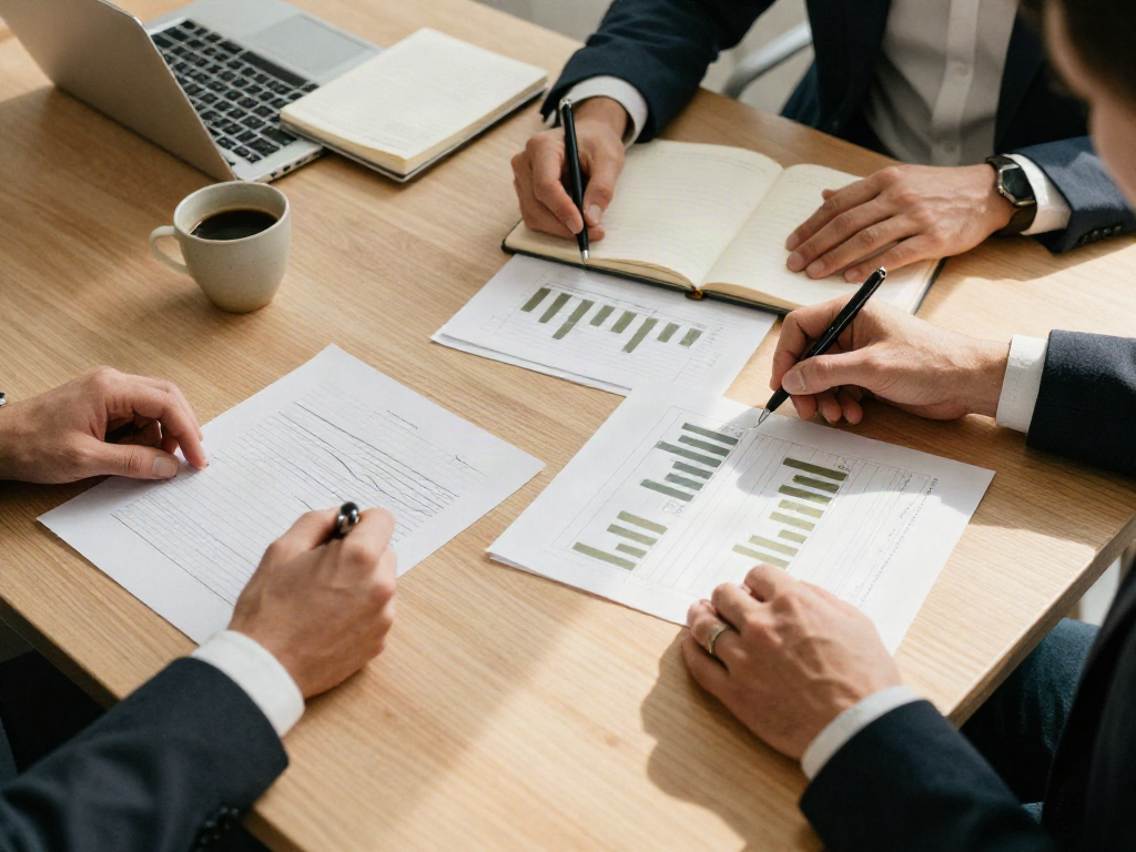 A collaborative business review with analytical charts, notes, and a laptop on an oak table