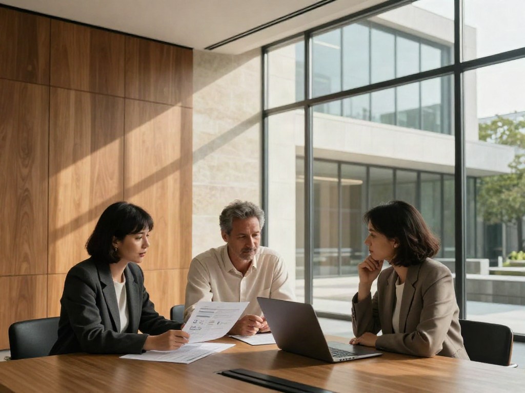 Three business consultants reviewing a strategy together in a sunlit meeting room